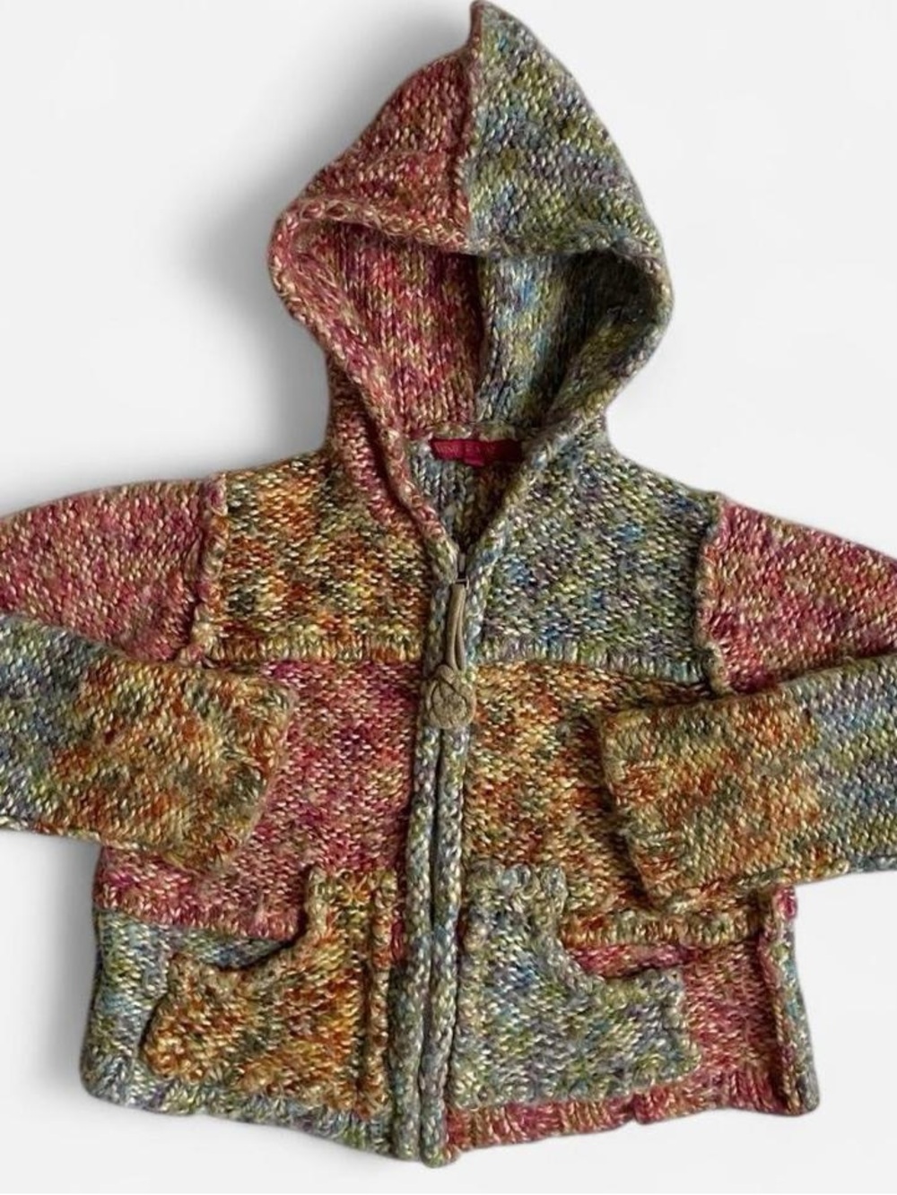 Y2k girls hooded multicolored patchwork zip front cardigan knit jacket
